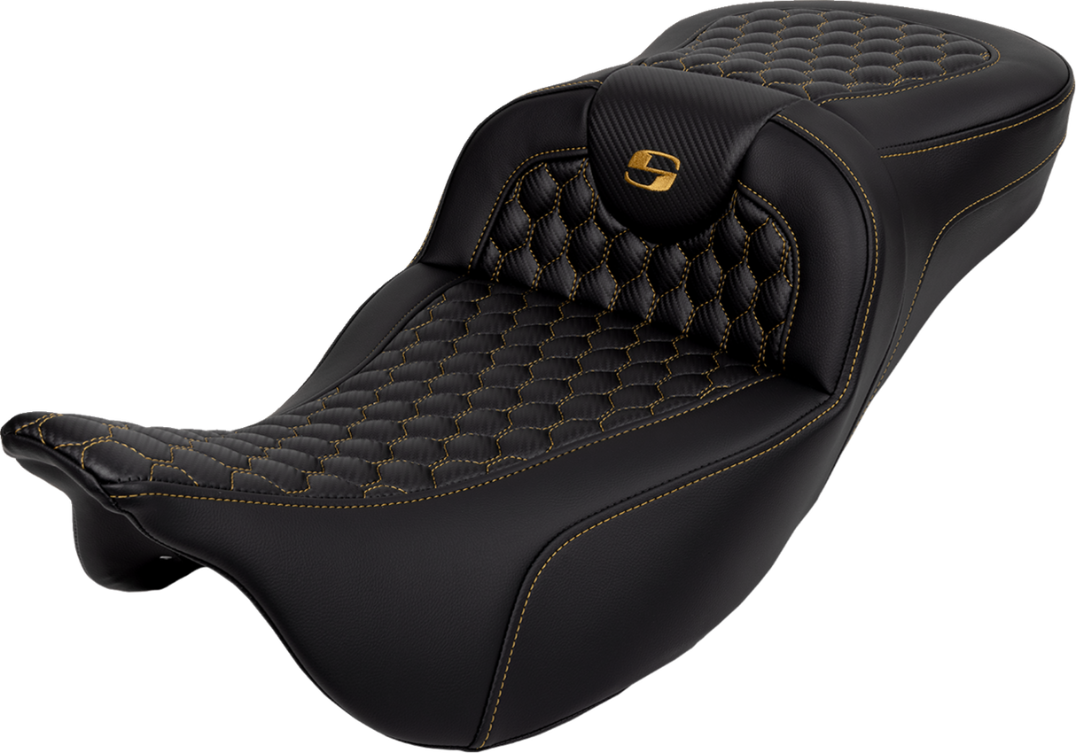 RoadSofa™ Seat - Honeycomb - Gold Stitch - Extended Reach - without Backrest - FLH/FLT \'08-\'23 2008 - 2023