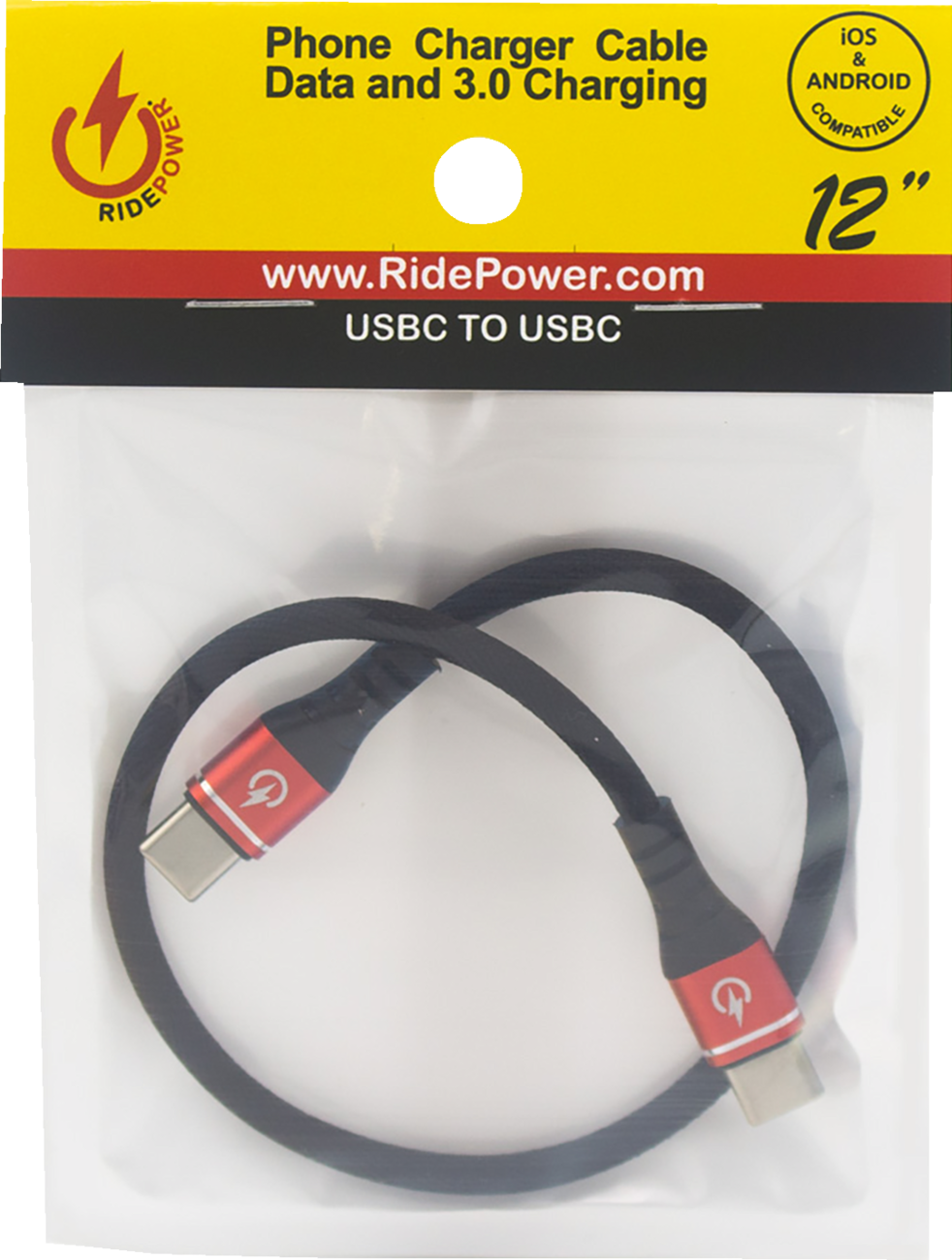 Male USB-C to Male USB-C Cable - Phone - Charger - 12\" - Black/Red