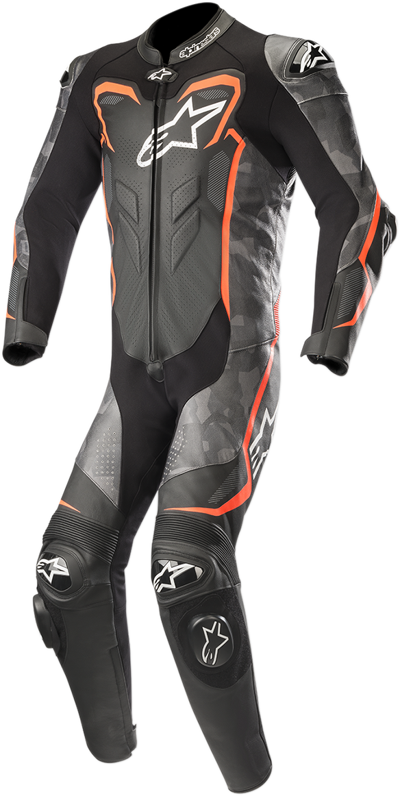 GP Plus v2 Camo 1-Piece Leather Suit - Black/Charcoal/Red Fluorescent - US 50 / EU 60