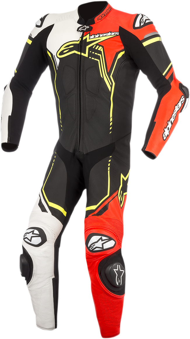 GP Plus v2 1-Piece Leather Suit - Black/White/Red Fluorescent/Yellow Fluorescent - US 44 / EU 54