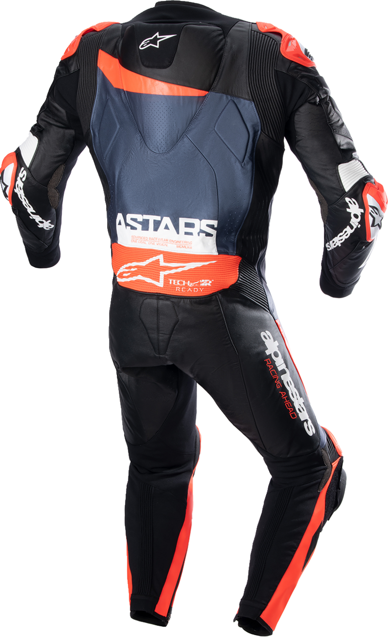 GP Plus v4 Leather Suit - Black/Red Fluo/Blue - US 48 / EU 58