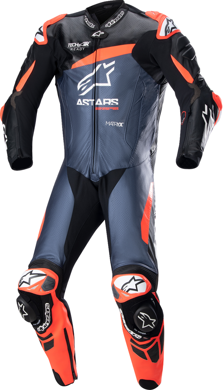 GP Plus v4 Leather Suit - Black/Red Fluo/Blue - US 48 / EU 58