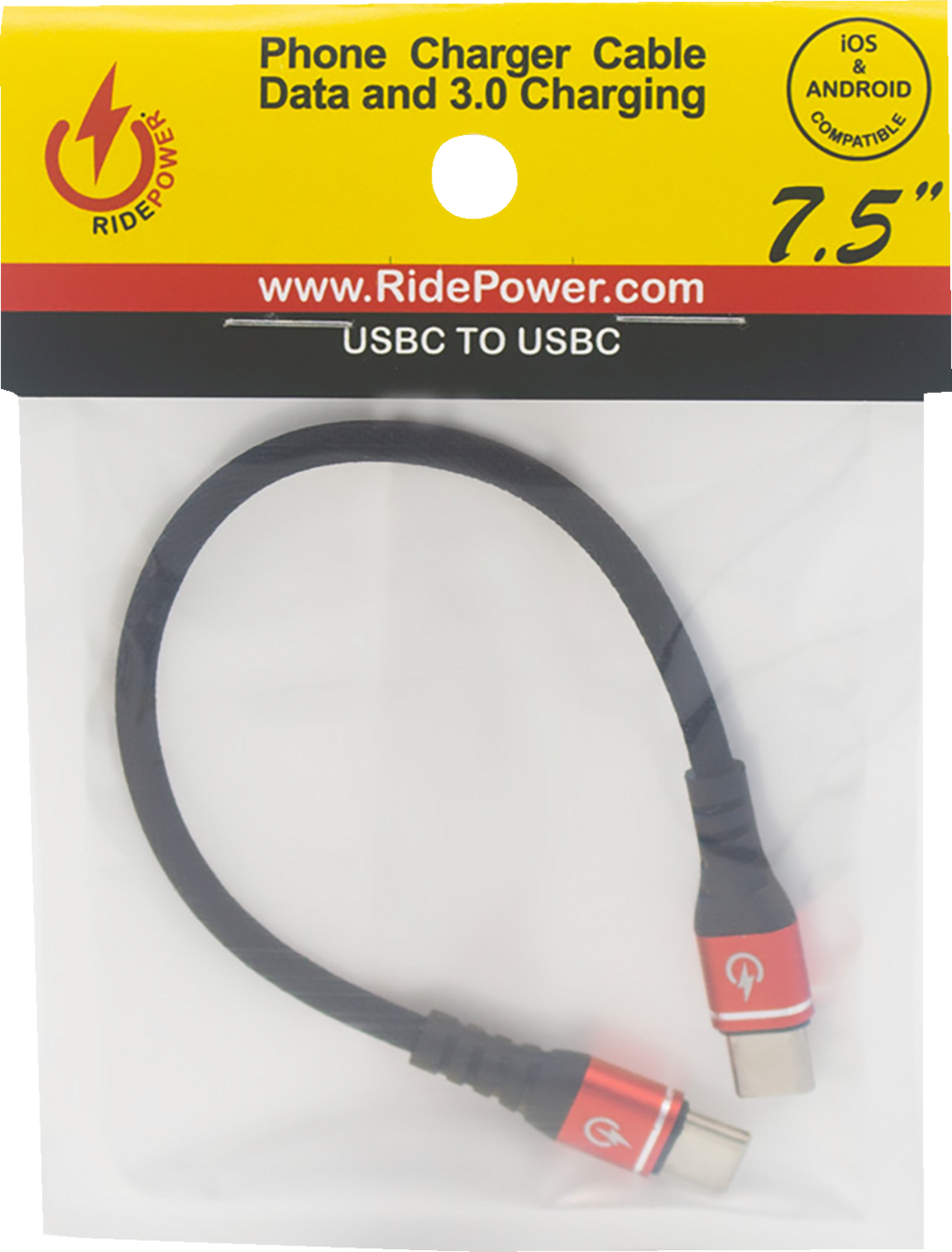 Male USB-C to Male USB-C Cable - Phone Charger - Heavy-Duty - 7-1/2\" - Black/Red